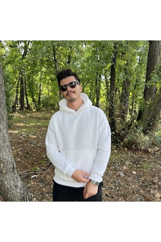 Erkek 3 İplik Basic Oversize Geniş Kesim Kanguru Cepli Kapüşonlu Sweatshirt Beyaz