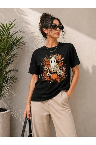 Defymoda Balkabağı Hayalet Baskılı Tişört Kısa Kol Yazlık T-shirt - Siyah