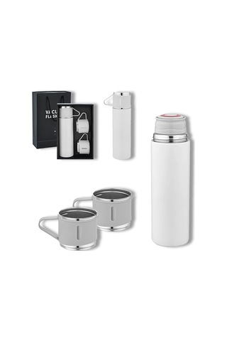 Bk Gift Paslanmaz Çelik 500ml 3 Bardaklı Sızdırmaz Termos Seti-beyaz, Vakumlu Termos Set