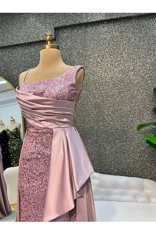 E&A Eren Abiye Tek Omuz Pelerinli Balık Abiye Pembe