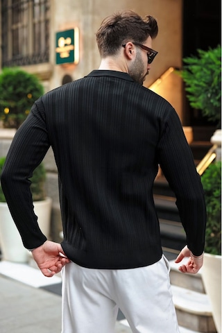 Madmext Siyah Polo Yaka Desenli Over Fit Erkek Triko Kazak E7517