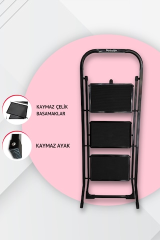 Portalife 3 Basamaklı Siyah Çelik Şık Merdiven 3 Basamak