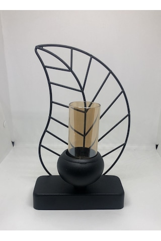 Yaprak Tealight Siyah/gold Metal Mumluk 28 Cm Mat Siyah