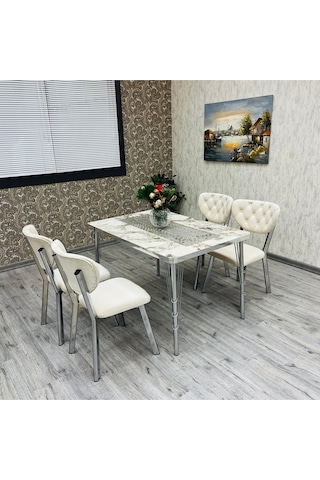 Mutfak Masa Sandalye Takımı Akuamarin 80-120 Ck 4 Kişilik Mutfak Masası Takımı Gümüş Beyaz Mermer Krem
