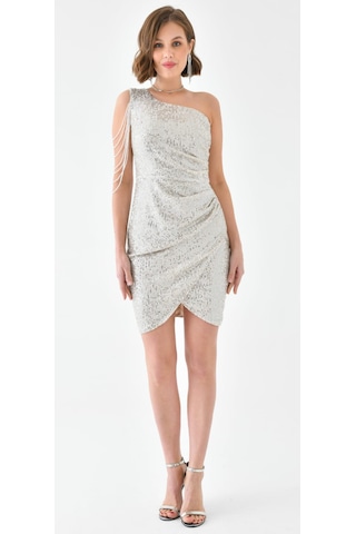 Hanife Glam Couture Hanife Glam Tek Omuz Taş Tasarımlı Mini Pulpayet Elbise Gümüş
