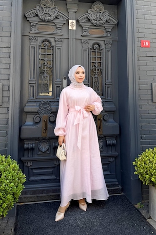 Cgx İnci İşlemeli Tül Tesettür Elbise Pembe