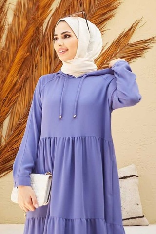 Neways 6531-Krep Kapüşonlu Reglan Kollu Elbise Eflatun