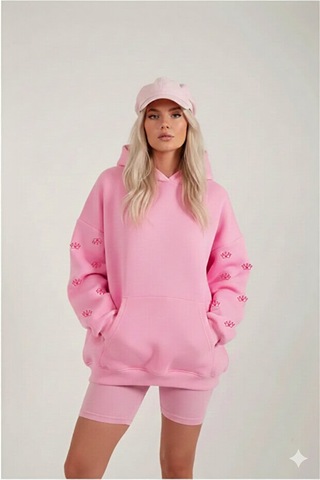 Blausee Wear Pembe Sevgililer Günü Oversize Rahat Kalıp Eye Crown Baskılı Kapüşonlu Sweatshirt Pembe