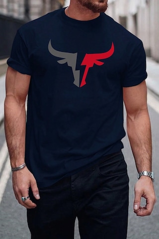 Erkek Boğa Silüet Baskılı Oversize Tshirt Lacivert