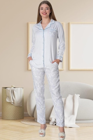 Mecit Pijama Mecit 5143 Bayan Mavi Boydan Düğmeli Uzun Kollu Pijama Takımı 001