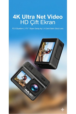 4k Wifi Aksiyon Kamera Çift Ekranlı Ultra Hd Spor Kamerası Su Geçirmez Kılıflı Uzaktan Kumandalı Siyah
