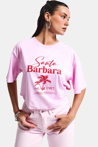 Itsbasic Kadın Pembe S6-98 Oversize Santa Barbara Baskılı %100 Koton T-shirt