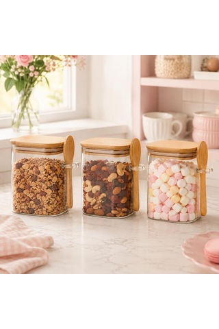 3'lü 500 Ml Kaşıklı Cam Kavanoz Seti, Bambu Kapaklı Şeffaf Baharatlık Ve Saklama Kabı, Kahve Çay Şeker Tuz Ve Kuru Gıda İçin Çok Renkli