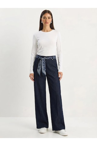 Shade Kadın Saten Kemer Detaylı Wide Leg Denim Pantolon 7510 60283941 - Lacivert