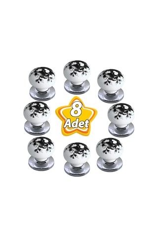 8 Adet Siyah Gül Desenli Beyaz Polimer Düğme Kulp Krom Tablalı Mobilya Mutfak Dolabı Çekmece Kulbu Kulpları