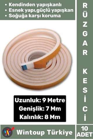 Premium Yapışkanlı Pencere İzolasyon Bantı Rüzgar Soğuk Kesici Cam Yalıtım Süngeri 9 Metre X 10 Adet Diğer