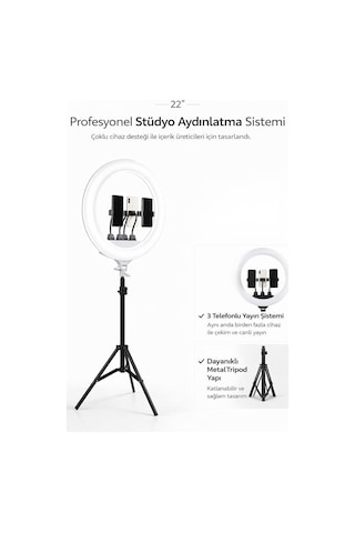 22 İnç Profesyonel Ring Light 3 Telefon Tutuculu, 3 Işık Modlu, Kademesiz Parlaklık Ayarlı, Çift Usb Çıkı