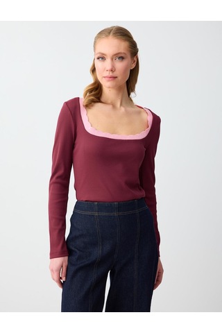 Jimmy Key Jimmy Key Bordo Düz Kesim Uzun Kollu U Yaka Örme Bluz 6sw035554562