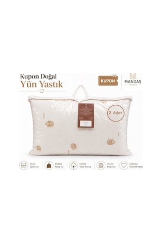 Kupon 2li Doğal Yün Yastık 2x900gr Çantalı 50x70 Beyaz