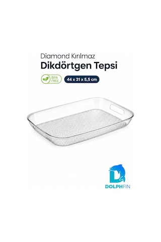 Diamond Kırılmaz Dikdörtgen Servis Tepsisi 44x31 Cm Kulplu Şeffaf Bpa İçermez