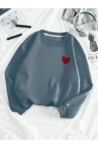Kırmızı Minimal Kalp Baskılı Sweatshirt - Füme Kalın Kışlık Bisiklet Yaka Füme
