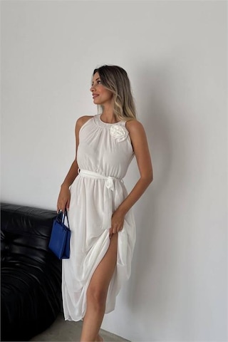 Neşeli Butik Kadın Gül Broş Detaylı Uzun Şifon Elbise Nbk2144 Beyaz
