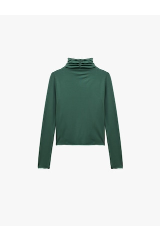 Koton Uzun Kollu Slim Fit Drapeli Dik Yaka Tişört Haki 6wak50002ek Haki