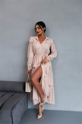 Neşeli Butik Kadın Uzun Dantel Detaylı Tasarım Elbise Nbms42110 Bej
