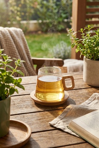 Makri Home Bambu Kulplu Ve Altlıklı Cam Kupa 300 Ml Çok Renkli