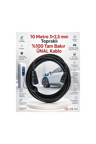 Ünal Kablo Elektrikli Araç Şarj Uzatma Kablosu 10 Metre 3x2.5 Mm² %100 Saf Bakır Kauçuk Erkek-dişi Fişli Tse Ce Belgeli 10 M