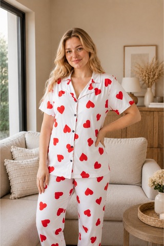 Rindahomewear Büyük Beden Kalp Desenli Milan Düğmeli Pijama Takımı Beyaz