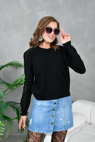 Kadın Bisiklet Yaka Kolları Ajurlu Basic Triko Kazak Siyah