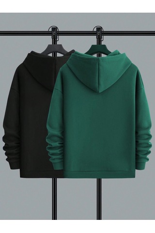 2'li Still Freedom Kalın Kışlık Sweatshirt - Siyah Nefti Yeşil Baskılı Oversize Kapüşonlu Siyah Nefti Yeşil