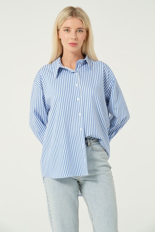 Basic Oversize Çizgili Gömlek Buz Mavisi