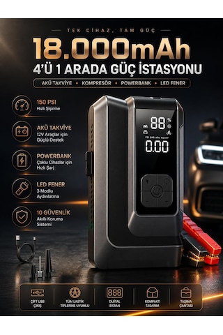 Q16b Akü Takviye Cihazı 18000mah, 150 Psı Hava Kompresörü, Jump Starter Powerbank, Led Fenerli Dijital Ekranlı Last