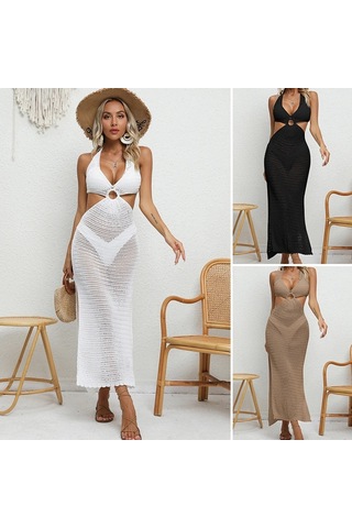 Bağlama İpli Derin V Yaka Örgü Boyundan Bağlamalı Tunik Uzun Plaj Elbisesi Siyah