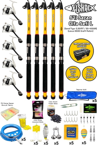 Tam Takım Sazan Olta Seti - 5'li Set - L - 3.30mt/50-100gr