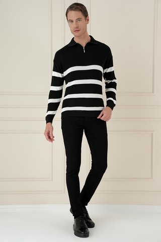 Efor Slim Fit Çizgili Fermuarlı Polo Yaka Siyah Triko Kazak Tr 877 Siyah