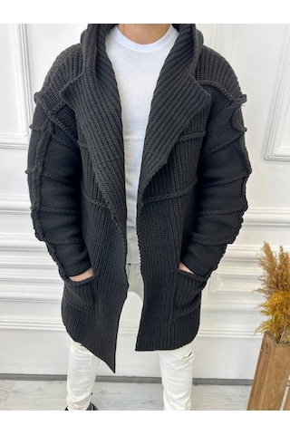 Elku Moda Elkumoda Hırka Kapüşonlu Cepli Örgü Triko Uzun Panço Hırka Hırka2785-HIRKA2785
