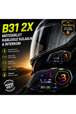 B31 2x Bluetooth 6.0 Çiftli Motosiklet İnterkom Kask Kulaklığı 500 Metre Haberleşme Lcd Ekran Rgb Fm Radyo Ip65