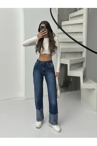 Kadın Ters Paça Püskül İşlemli Bol Paça Kot Pantolon Lacivert