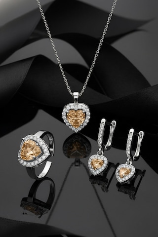 925 Ayar Sitrin Taşlı Rodyum Pırlanta Işıltılı Kalp 3'lü Gümüş Set-takım Ayarlanabilir Rs10056 Gümüş