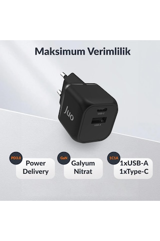 Juo 20W GaN USB-C + USB-A Şarj Aleti iPhone & iPad & Android Uyumlu PD QC4.0 Type-C Hızlı Şarj Cihazı Siyah