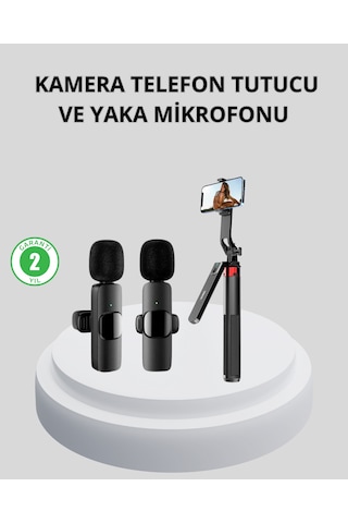 Kablosuz Çift Yaka Mikrofonu Tripodlu Selfie Çubuğu İçerik Üretici Seti