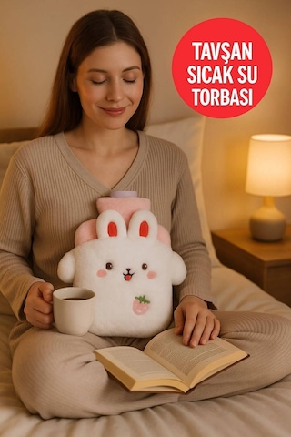 Tavşan Figürlü Yumuşak Peluş Eldivenli Sıcak Su Torbası Beyaz