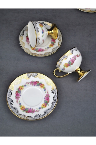 2 Kişilik Porselen Pembe Çiçekli Vintage Gold Ayaklı Kahve Fincan Takımı 90 Ml