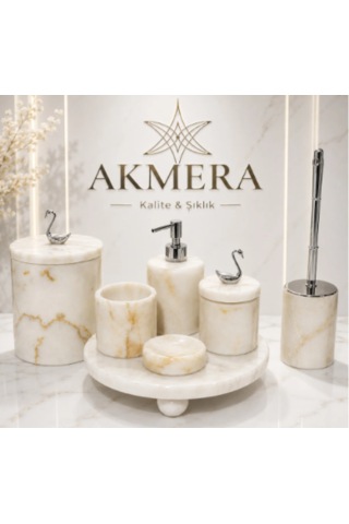 Sarı Tonlu Mermer Top Ayaklı Gerçek Mermer 7 Parça Ultra Lüks Banyo Seti beyaz