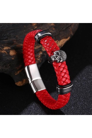 Erkek Örgülü Deri Kurukafa Bileklik Paslanmaz Çelik Erkek Bilezikleri Parti Takıları Hediye Punk Bileklik Kırmızı