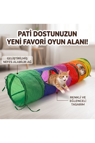 Kedi Oyun Tüneli 120 Cm Çok Pencereli Katlanabilir Gökkuşağı Kedi Tüneli Oyuncaklı Ponponlu