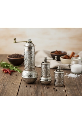 Zamak Metal Gümüş Renk 3 Lü Set Karabiber,kahve,çörek Otu El Değirmeni Öğütücü Grinder Gümüş